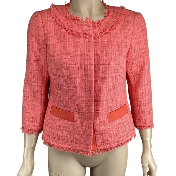 Trina Turk Blazer‎ Jacket Size 6 Tammie Tweed Fringe Trim Coral Orange - Picture 2 of 10